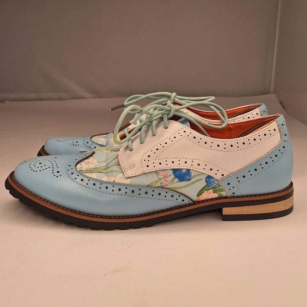 Floral Wingtip Oxford Shoes Pastel Blue White Leather Brogue Lace Up Size 36